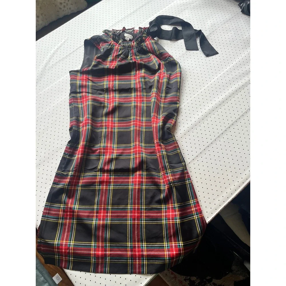 J.Crew Black Tartan Plaid Bow Neck Holiday Shift Dress Pockets 8